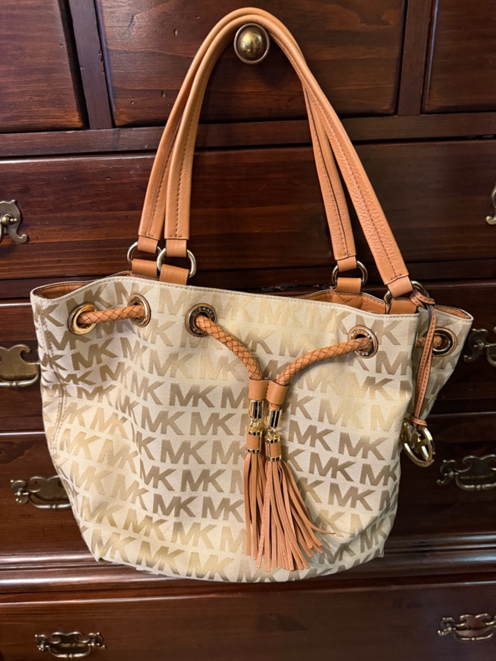 Michael Kors Tan and Beige MK Logo Drawstring Tote with Tassel